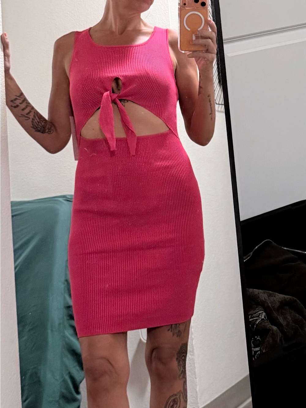Madden Girl Hot Pink Ribbed Tie-Front Mini Dress